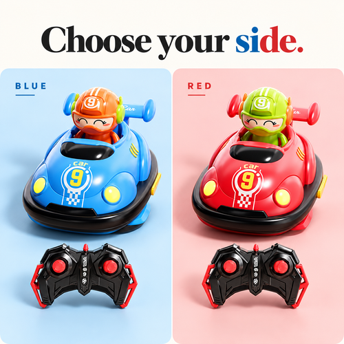 Red and blue bumper cars with two controllers
