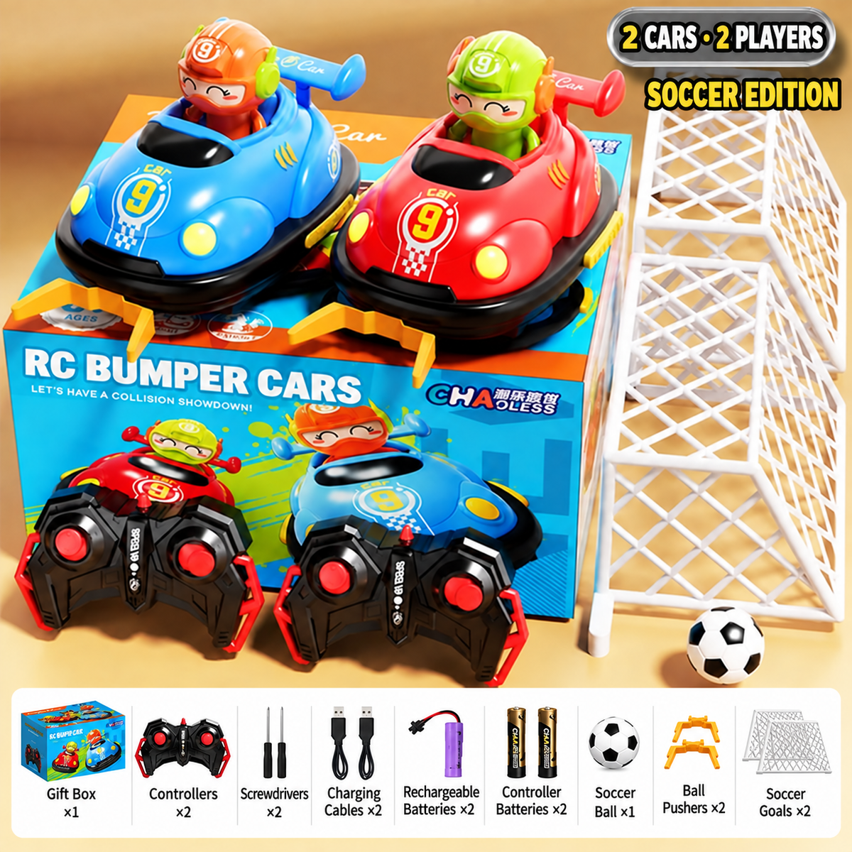 Two-Car Soccer Set with labeled accessories and quantities